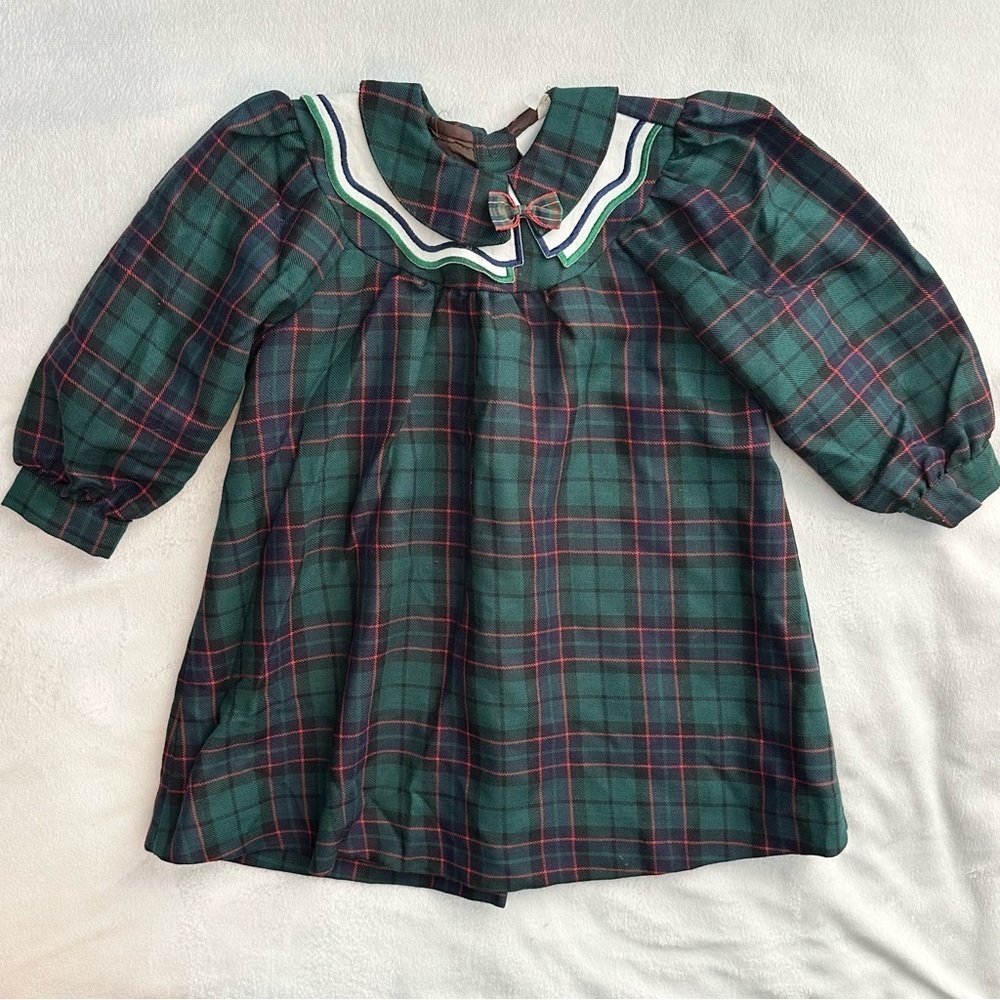 Vintage Saler Italy Wool Tartan Plaid Long Sleeve Bib Dress Toddler Girls 4 blue